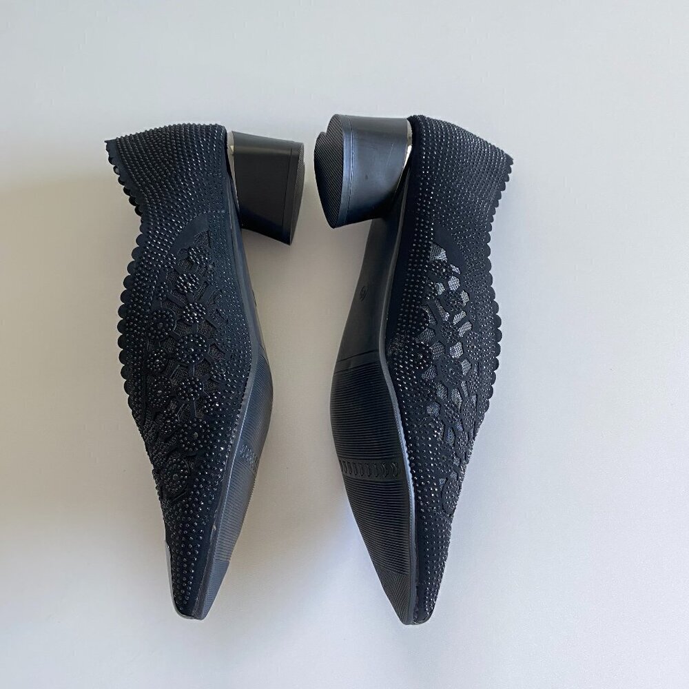 Black Mesh Rhinestone Sparkly Low Block Heel Comfort Pumps Sz 10 - Picture 7 of 10